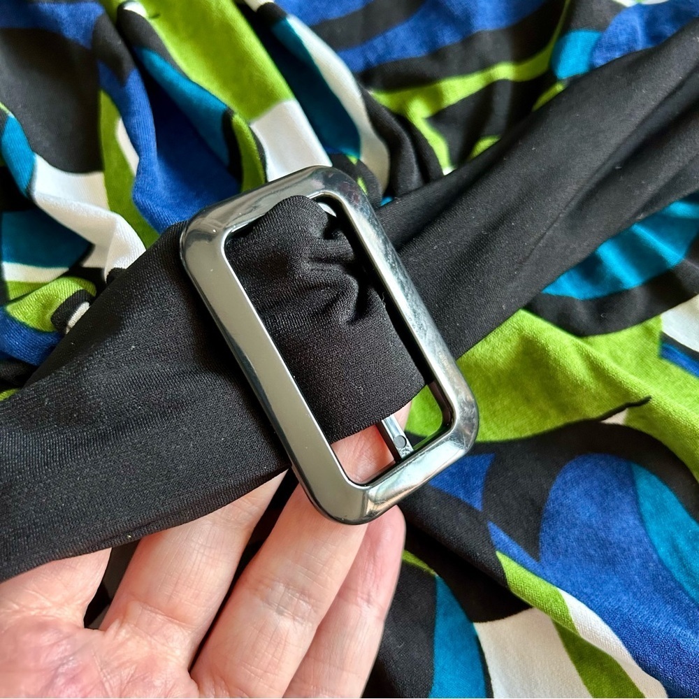 Ally B Abstract, Colorful Belted Blouse, Blue, Green, Green, White, Size L - Picture 8 of 17